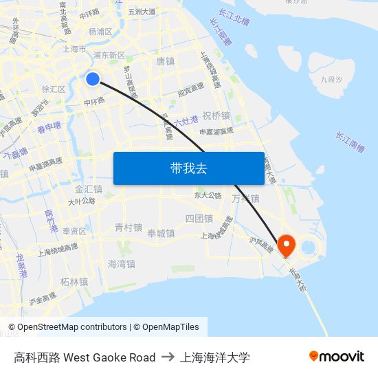 高科西路 West Gaoke Road to 上海海洋大学 map