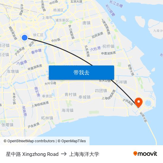 星中路 Xingzhong Road to 上海海洋大学 map