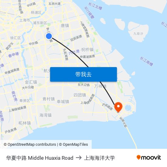 华夏中路 Middle Huaxia Road to 上海海洋大学 map