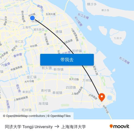 同济大学 Tongji University to 上海海洋大学 map
