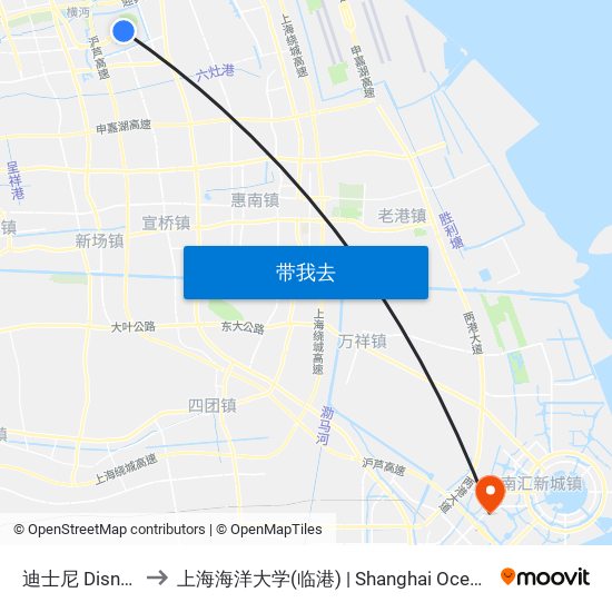迪士尼 Disney Resort to 上海海洋大学(临港) | Shanghai Ocean University(Lingang) map