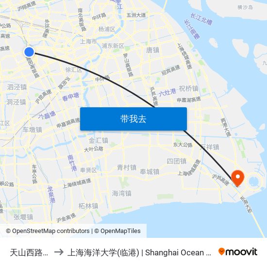 天山西路申滨路 to 上海海洋大学(临港) | Shanghai Ocean University(Lingang) map