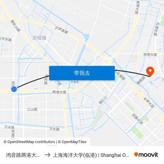 鸿音路两港大道(映瑞光电) to 上海海洋大学(临港) | Shanghai Ocean University(Lingang) map
