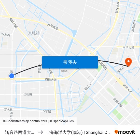 鸿音路两港大道(映瑞光电) to 上海海洋大学(临港) | Shanghai Ocean University(Lingang) map