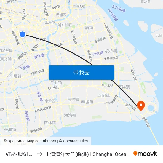 虹桥机场1号航站楼 to 上海海洋大学(临港) | Shanghai Ocean University(Lingang) map