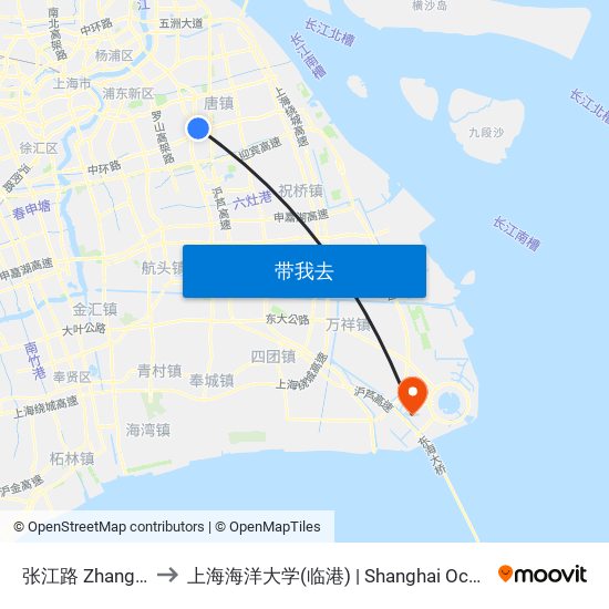 张江路 Zhangjiang Road to 上海海洋大学(临港) | Shanghai Ocean University(Lingang) map