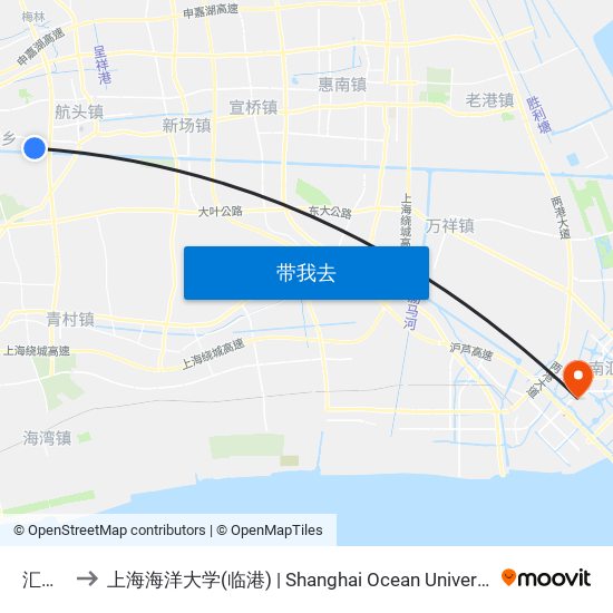 汇东村 to 上海海洋大学(临港) | Shanghai Ocean University(Lingang) map