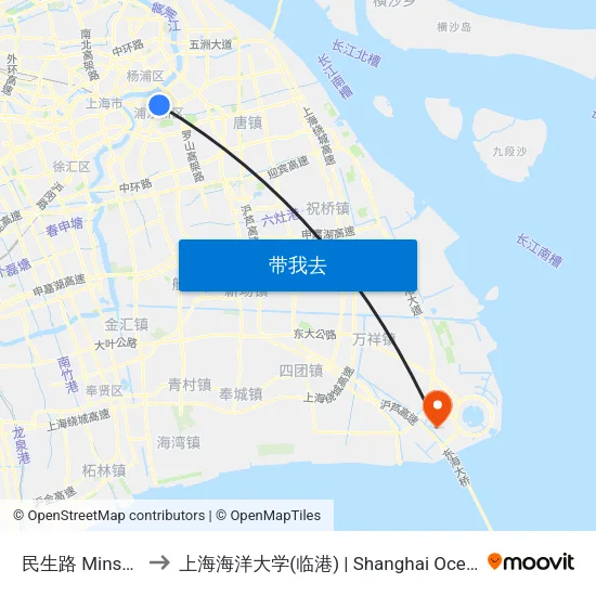 民生路 Minsheng Road to 上海海洋大学(临港) | Shanghai Ocean University(Lingang) map