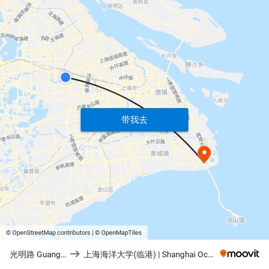 光明路 Guangming Road to 上海海洋大学(临港) | Shanghai Ocean University(Lingang) map