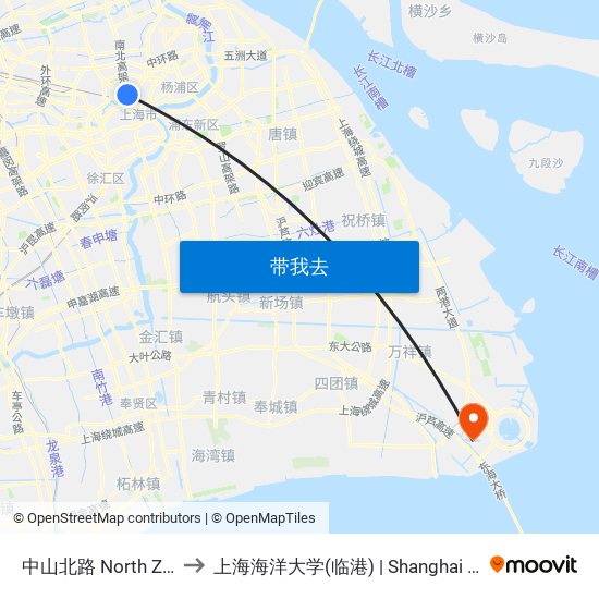 中山北路 North Zhongshan Road to 上海海洋大学(临港) | Shanghai Ocean University(Lingang) map