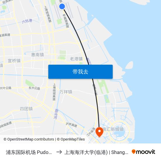 浦东国际机场 Pudong International Airport to 上海海洋大学(临港) | Shanghai Ocean University(Lingang) map