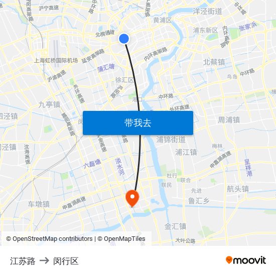 江苏路 to 闵行区 map