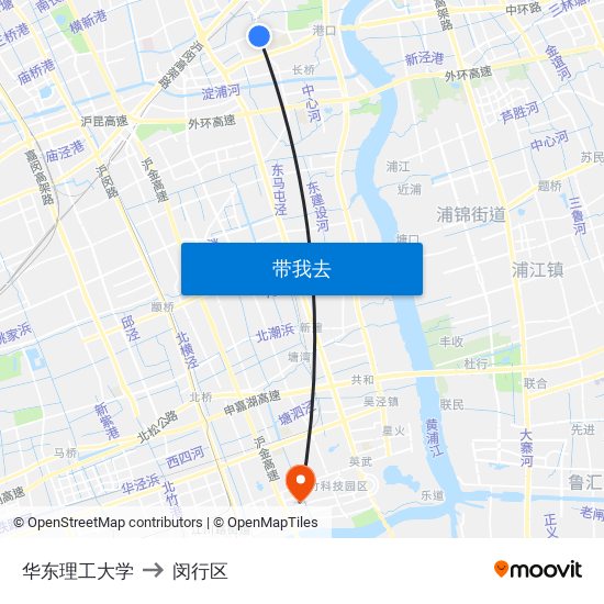 华东理工大学 to 闵行区 map