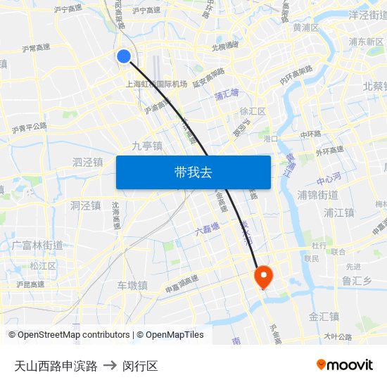 天山西路申滨路 to 闵行区 map