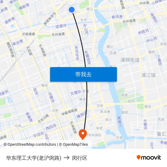 华东理工大学(老沪闵路) to 闵行区 map