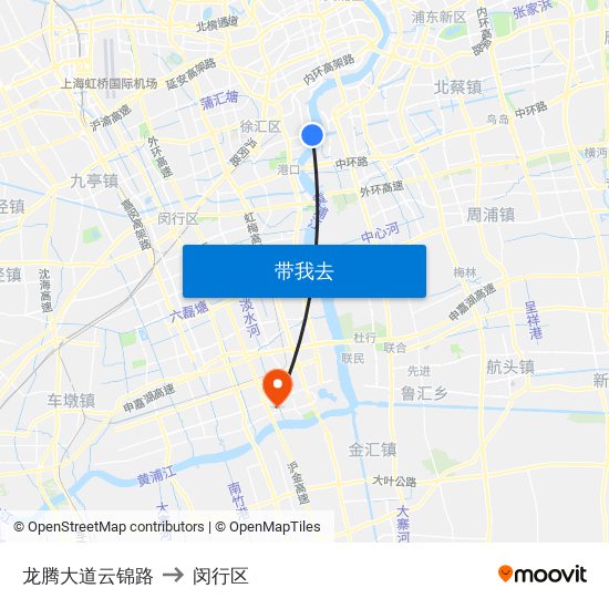 龙腾大道云锦路 to 闵行区 map