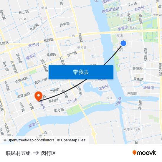 联民村五组 to 闵行区 map