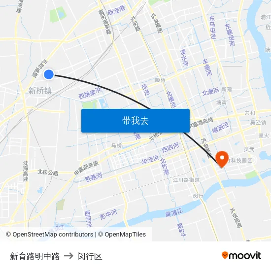 新育路明中路 to 闵行区 map