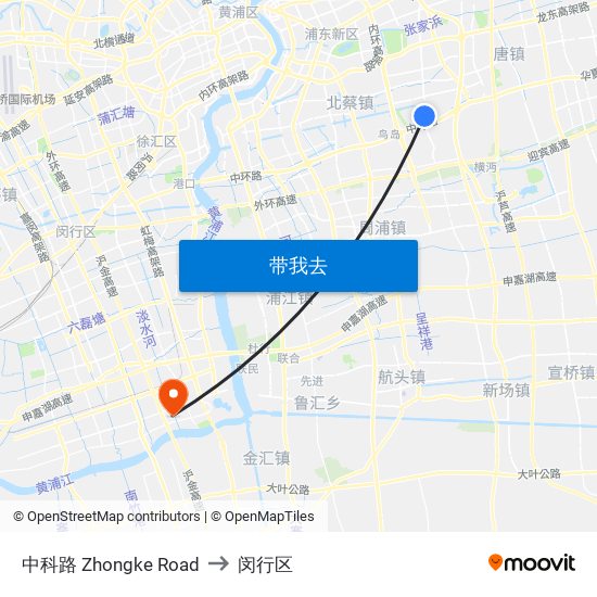 中科路 Zhongke Road to 闵行区 map