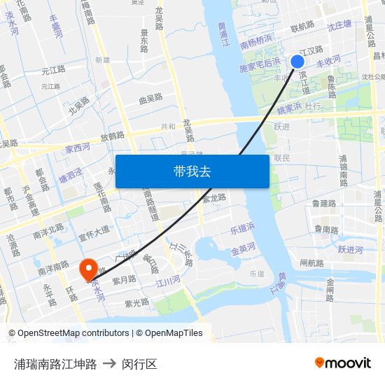 浦瑞南路江坤路 to 闵行区 map