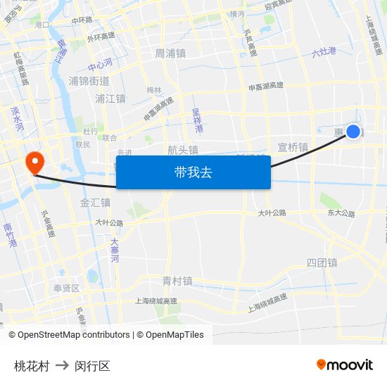 桃花村 to 闵行区 map