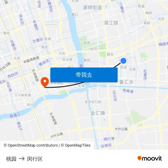 桃园 to 闵行区 map