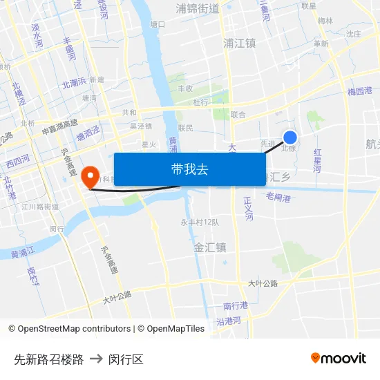 先新路召楼路 to 闵行区 map