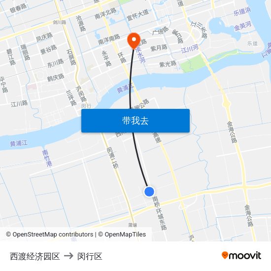 西渡经济园区 to 闵行区 map