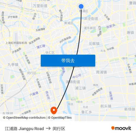 江浦路 Jiangpu Road to 闵行区 map