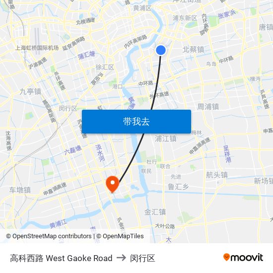 高科西路 West Gaoke Road to 闵行区 map
