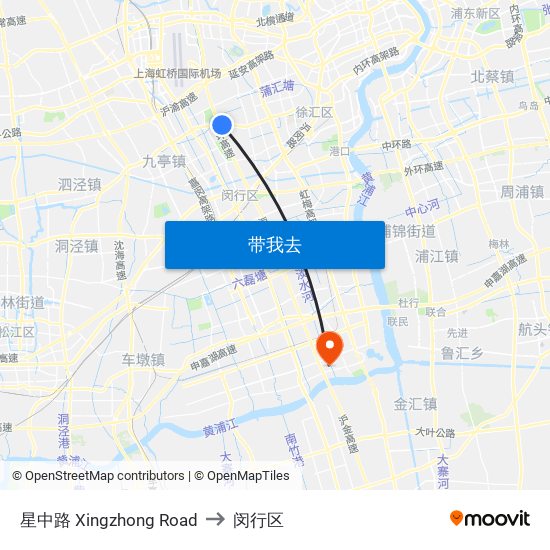 星中路 Xingzhong Road to 闵行区 map