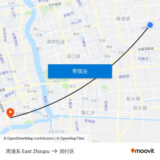 周浦东 East Zhoupu to 闵行区 map