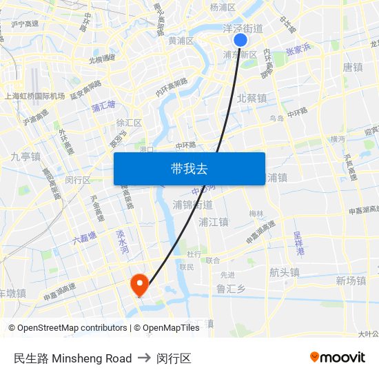 民生路 Minsheng Road to 闵行区 map