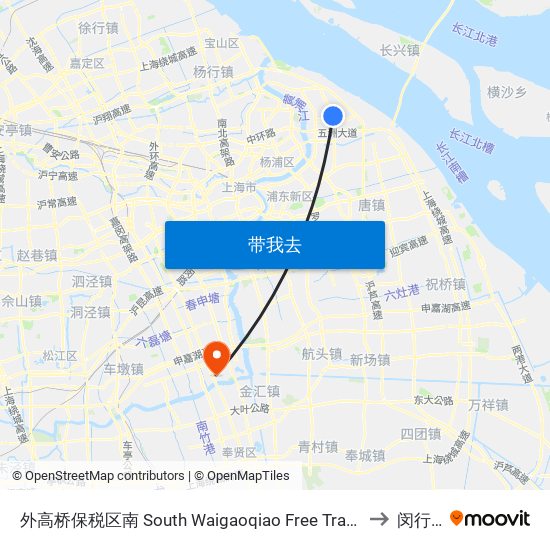 外高桥保税区南 South Waigaoqiao Free Trade Zone to 闵行区 map