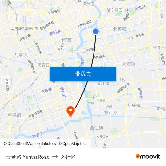 云台路 Yuntai Road to 闵行区 map