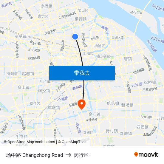 场中路 Changzhong Road to 闵行区 map