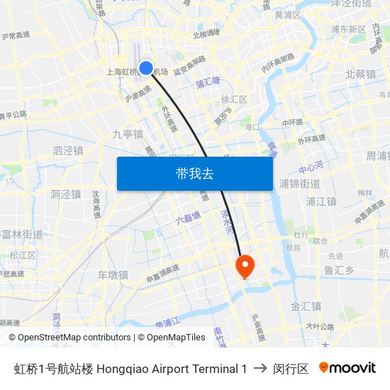 虹桥1号航站楼 Hongqiao Airport Terminal 1 to 闵行区 map