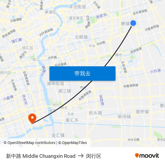 新中路 Middle Chuangxin Road to 闵行区 map