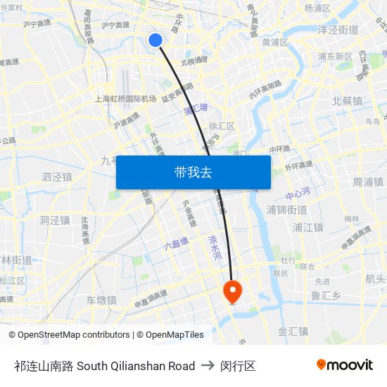 祁连山南路 South Qilianshan Road to 闵行区 map