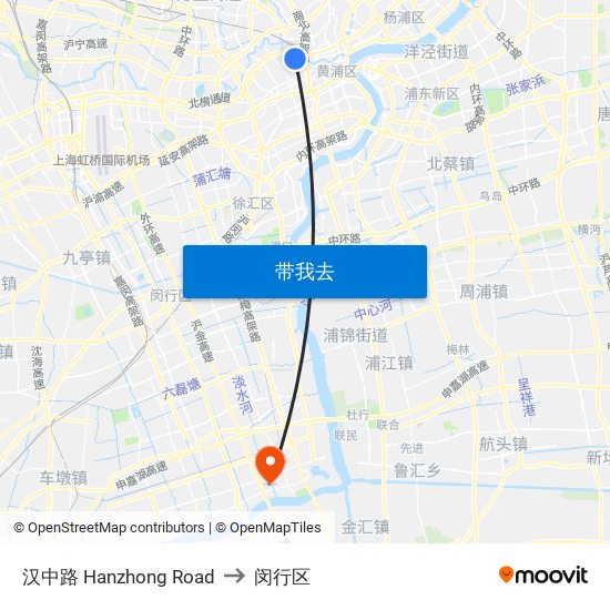 汉中路 Hanzhong Road to 闵行区 map