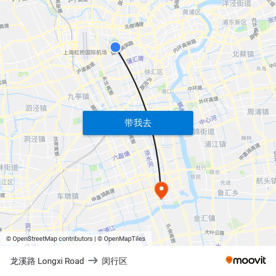 龙溪路 Longxi Road to 闵行区 map