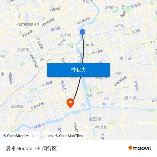 后滩 Houtan to 闵行区 map