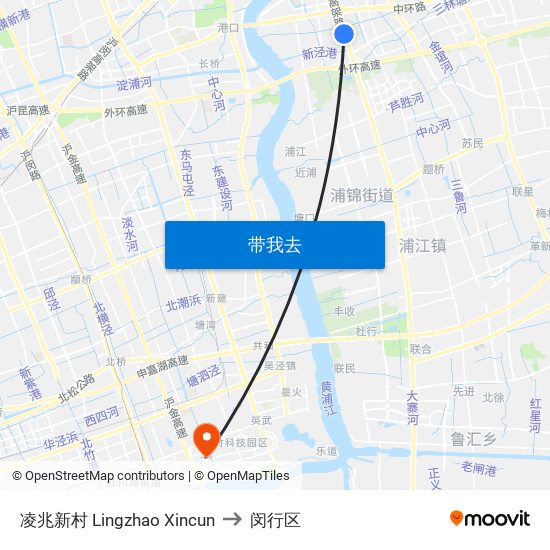 凌兆新村 Lingzhao Xincun to 闵行区 map