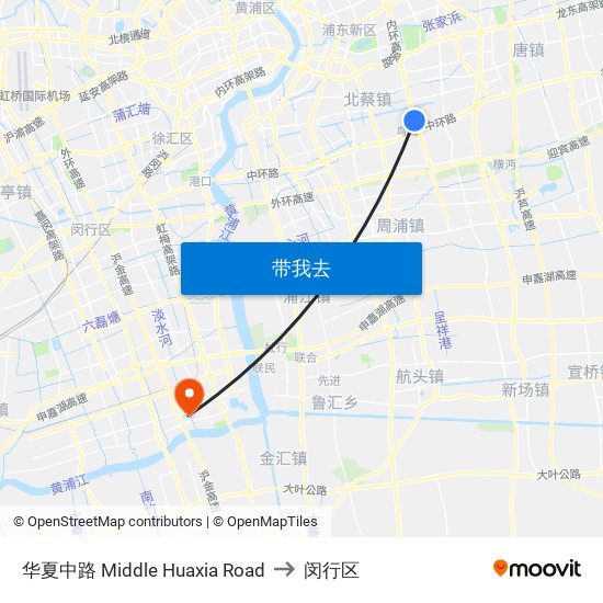 华夏中路 Middle Huaxia Road to 闵行区 map
