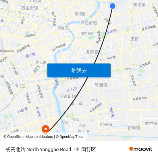 杨高北路 North Yanggao Road to 闵行区 map