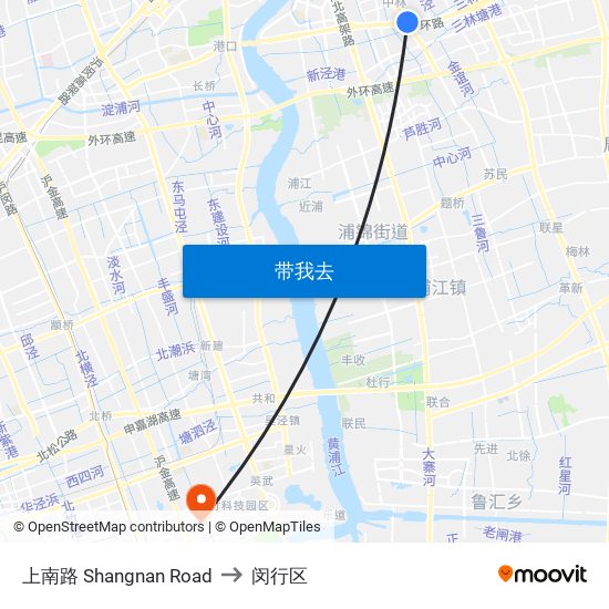 上南路 Shangnan Road to 闵行区 map