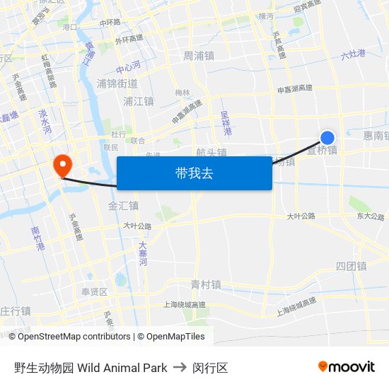 野生动物园 Wild Animal Park to 闵行区 map