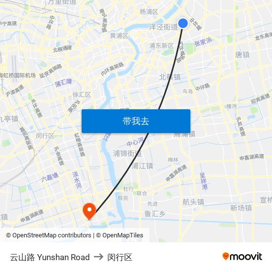 云山路 Yunshan Road to 闵行区 map