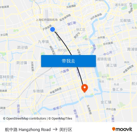 航中路 Hangzhong Road to 闵行区 map
