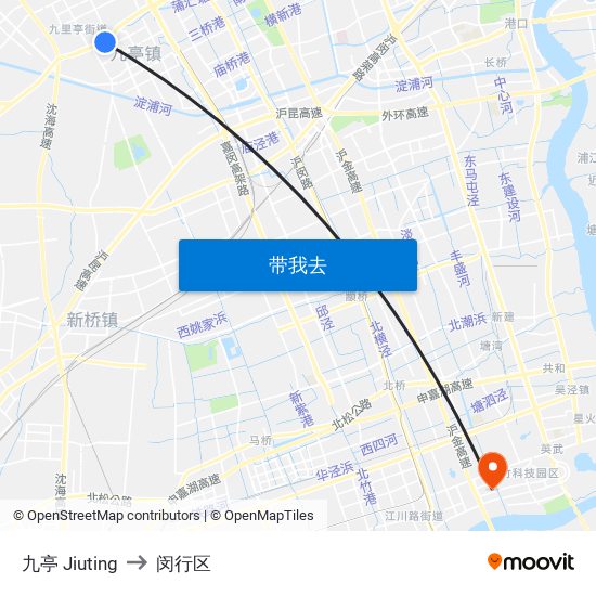 九亭 Jiuting to 闵行区 map